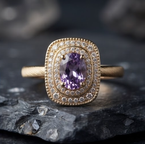 Oval Lavender Sapphire Double Halo Gold Ring