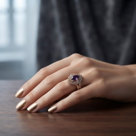 Marquise Amethyst Scalloped Halo Gold Ring