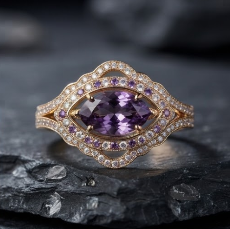 Marquise Amethyst Scalloped Halo Gold Ring