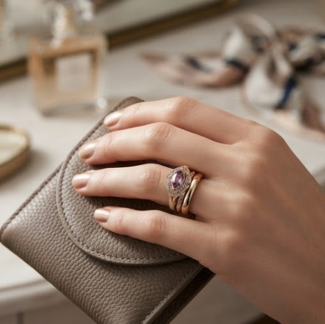 Marquise Amethyst Scalloped Halo Gold Ring