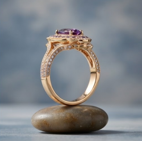 Marquise Amethyst Scalloped Halo Gold Ring